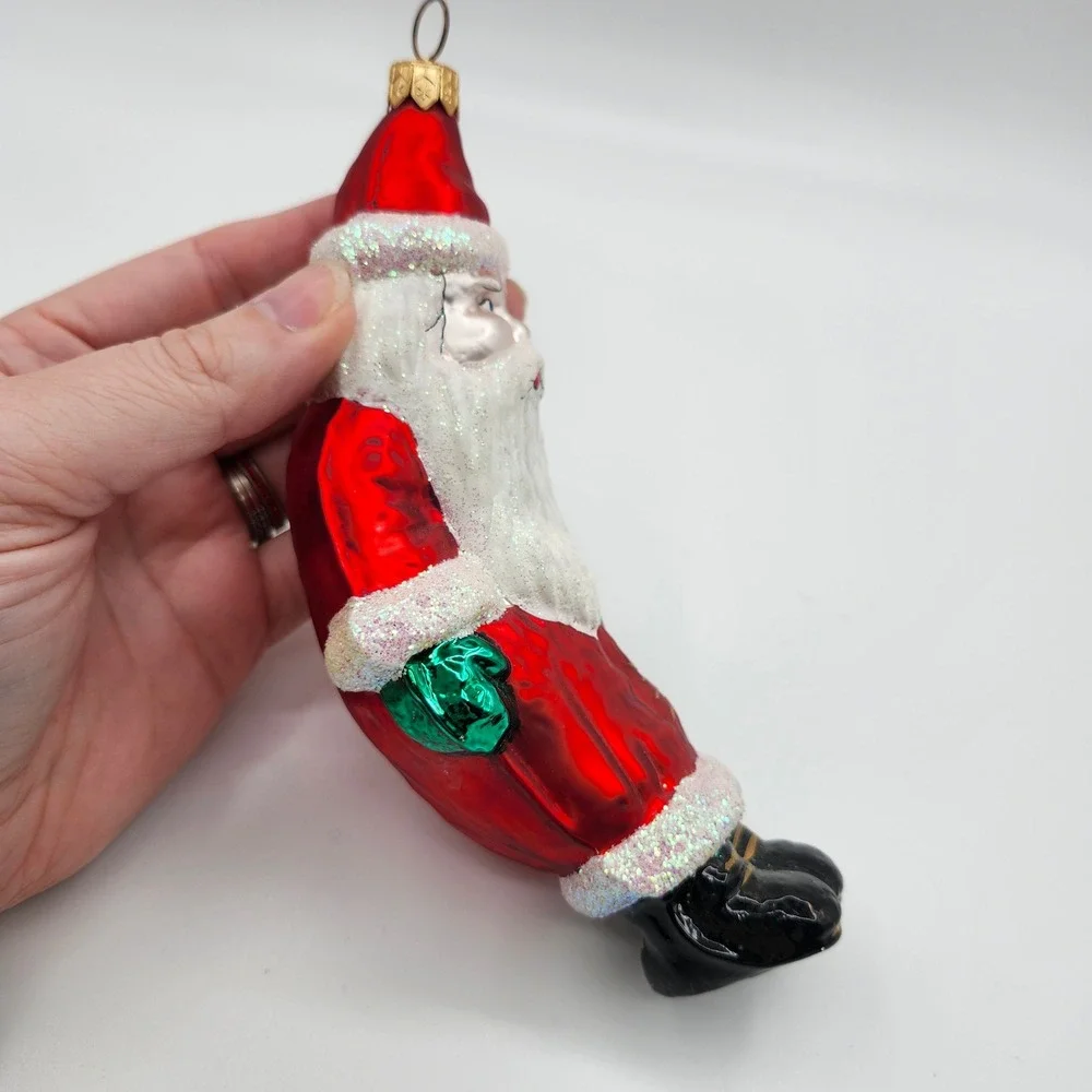 Vintage Poland Hand Blown Glass Santa Ornament Red Coat Lantern‎ Crescent Shape